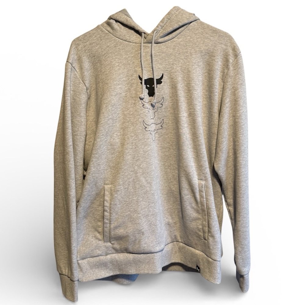 UA PROJECT ROCK Hoodie Mens Large Gray L Brahma Bull Rival Fleece Training Gym